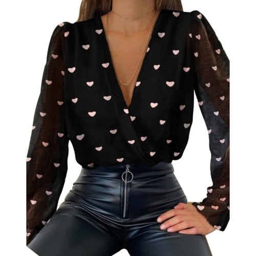 Deep V-neck polka dot blouse